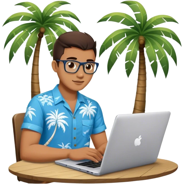 A digital nomad in bali working on a laptop wearing a tropical blue shirt with a palm tree on the side emoji