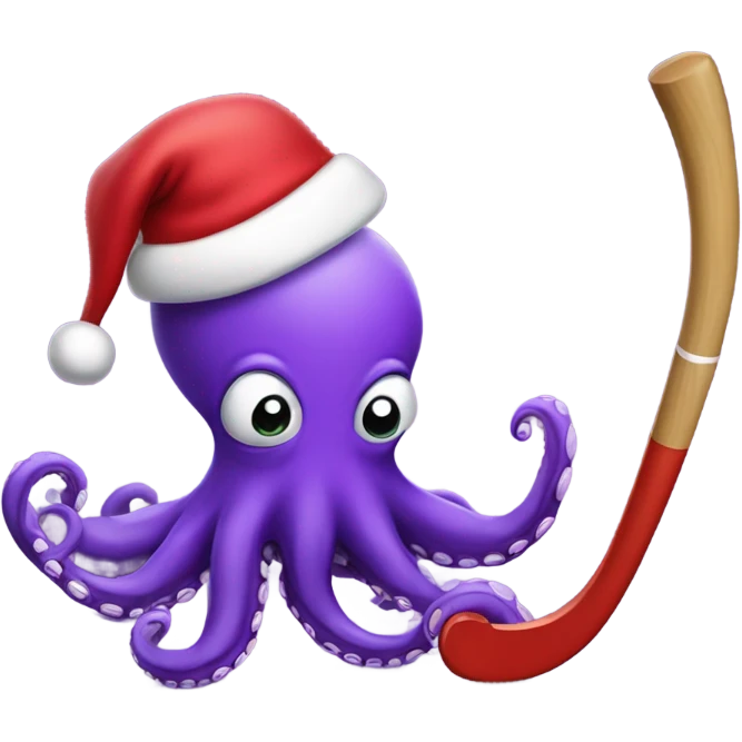 purple octopus wearing red santa hat, holding a hockey stick emoji
