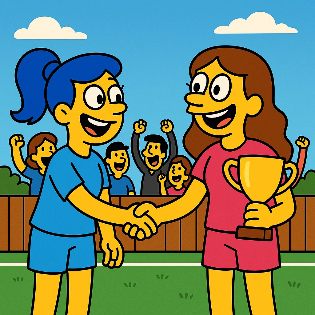  2 female handball standing on field. Congratulating each other shaking hands and smiling, one of them is holding a cup for winning. At the background the spectators cheering emoji