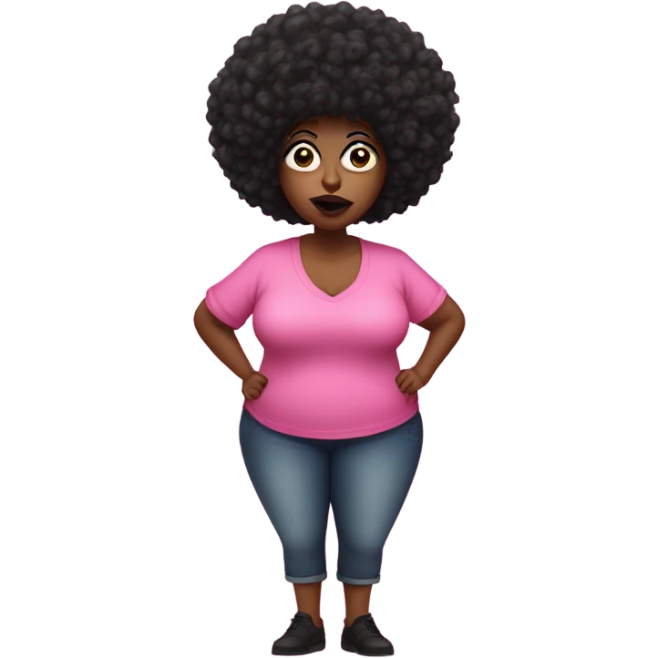 Mad fat black women with a pink shirt that has a big eye ball on her right eye with a long pointy nose with a black short Afro with big lips emoji
