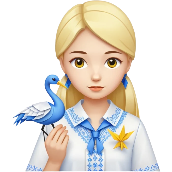A Ukrainian young girl wearing a white embroidered shirt holds an origami yellow-blue crane emoji