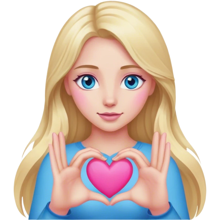 Cinematic realistic blonde with long hair and blue eyes shows her pink heart with her hands emoji