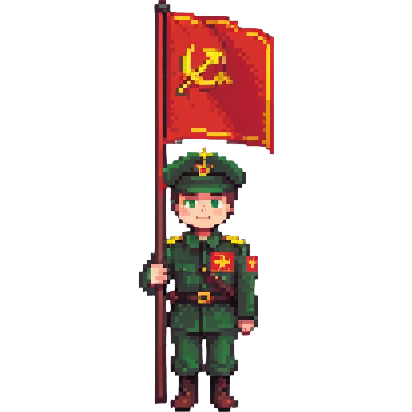 military boy in Soviet green uniform holding a red flag with "9 мая" emoji