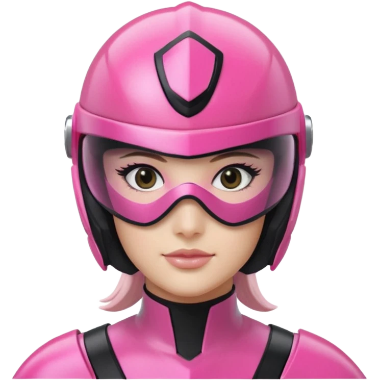 pink power ranger, woman emoji, with helmet on, black visor eye protection, black, power ranger helmet, emoji
