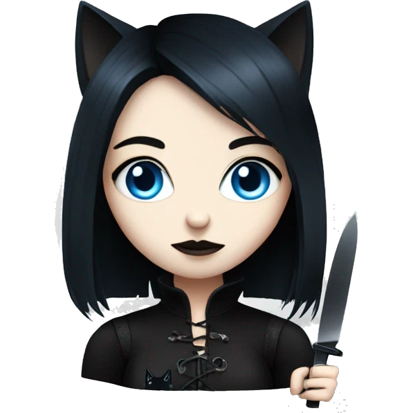 goth girl with blue eyes and black cat and knife emoji