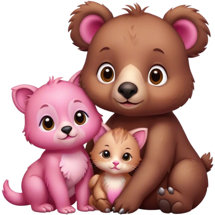 A cute brown bear and a realistic cute pink dodo closely together. They brought a brown kitten emoji