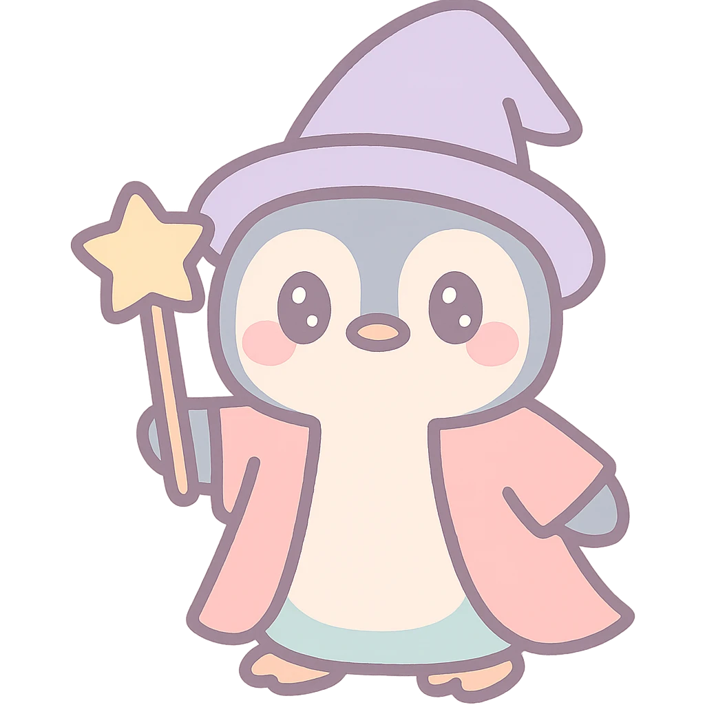 a penguin dressed as a wizard, with a pointed hat and a magic staff, in a fun and whimsical style emoji