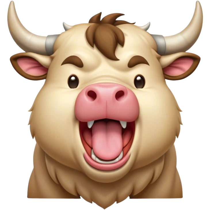 Cinematic Cute Yawning Domestic Bull Portrait Emoji, Head tilted slightly with a dramatic, wide-open yawn, showcasing a robust, muscular frame with a soft, downy coat and subtly drooping horns, round eyes barely open in drowsy contentment, Simplified yet irresistibly adorable features, highly detailed, glowing with a soft, cozy natural glow, high shine, relaxed yet expressive, stylized with a dash of rustic whimsy, soft glowing outline, capturing the essence of a sleepy yet affectionate domestic bull that seems ready to stretch out and settle for a nap! emoji