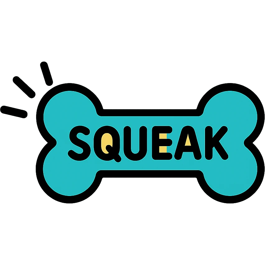 dog bone with the word 'squeak', colorful lineal color icon with black outlines emoji