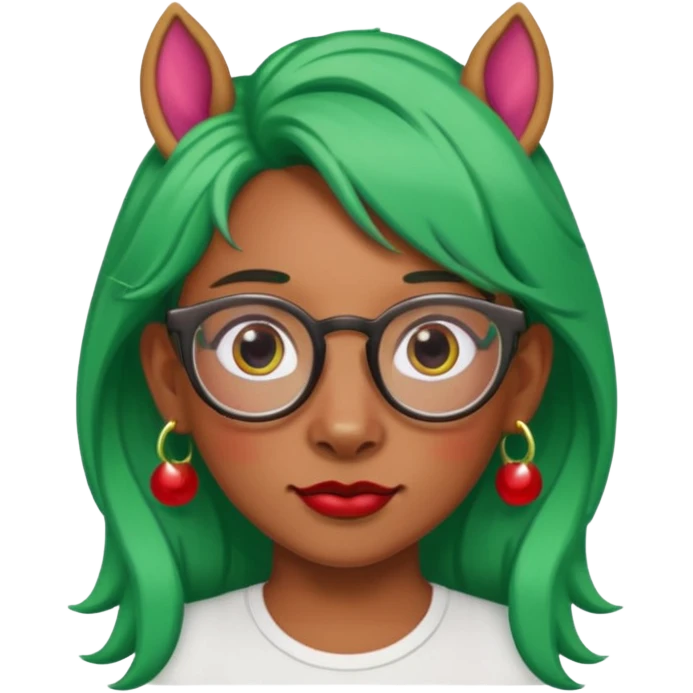 unicorn with green hair and big red earrings looking into camera and spectacle emoji