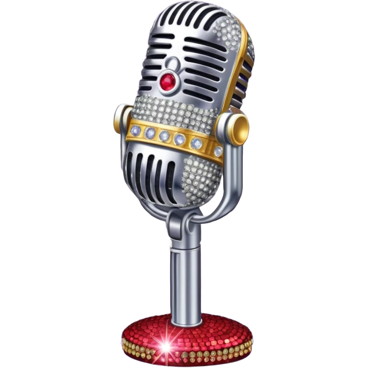 Create a glamorous and vibrant emoji representing stage vocal performance. The design should feature a humanless collage of classic vintage microphone, stage costume covered in rhinestones, sparkling brightly. The costume should be stylized, with glittering elements like sequins and sparkles, and reflect the glitzy, extravagant nature of show business. The microphone should have a sleek, retro look with chrome or metallic accents. Use rich, dazzling colors like gold, silver, deep purple, and bright red to evoke the glamorous, larger-than-life feel of a stage performance. The background should be transparent. emoji