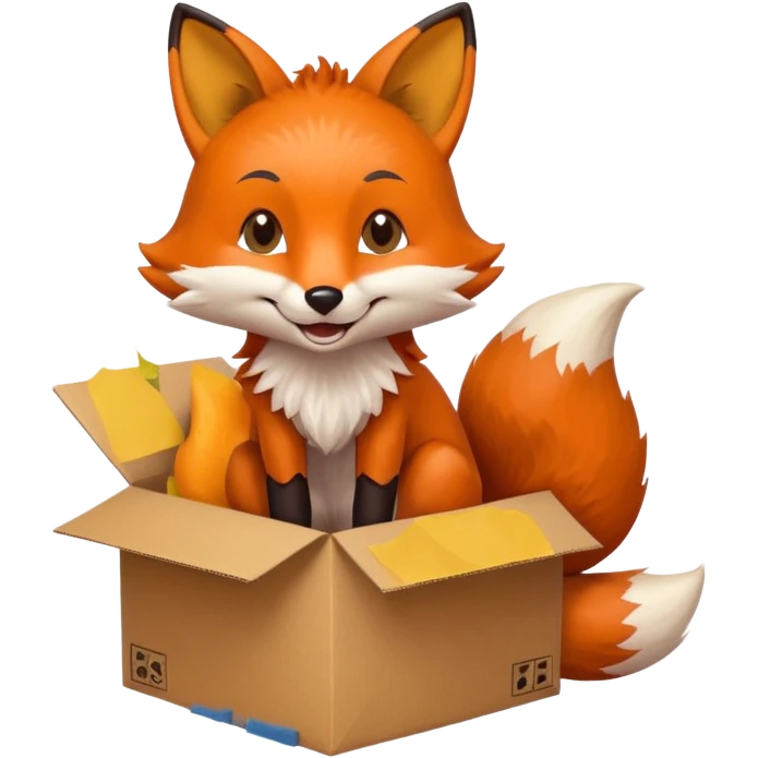 fox with a mischievous grin sitting in a cardboard box emoji