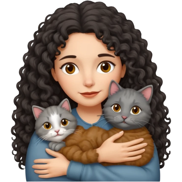 Mature Spanish girl with long dark curly hair and hugging a grey fluffy cat emoji