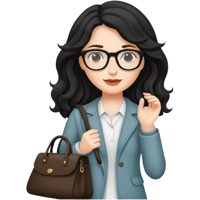 A white girl with black wavy long hair, wearing Wearing glasses and Carrying a bag emoji