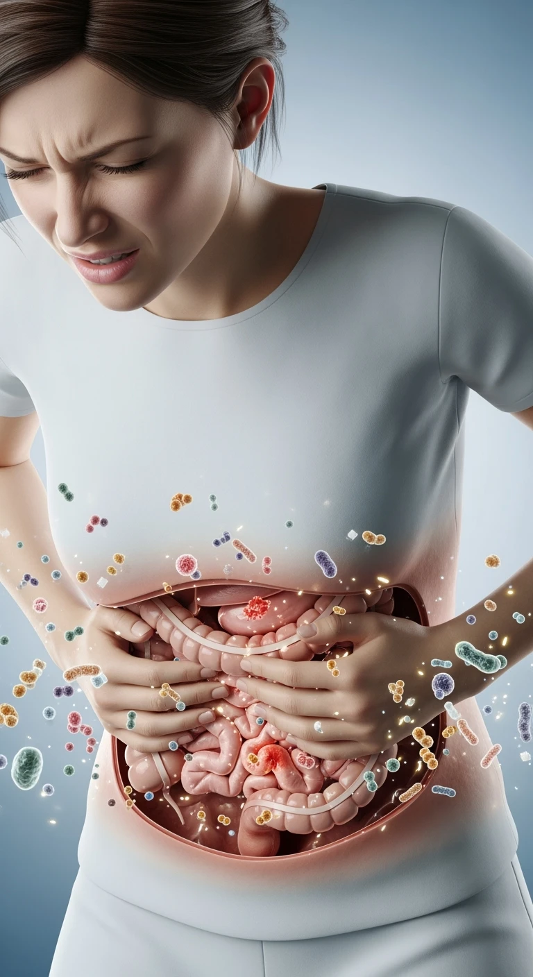 DONNA CON MAL DI PANCIA E INTESTINO UMANO ANATOMICO VISIBILE, BATTERI INTESTINALI FLUTTUANO INTORNO, IPERREALISTICO 4K emoji