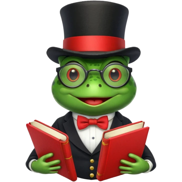 frog wearing top hat with glasses and red book emoji