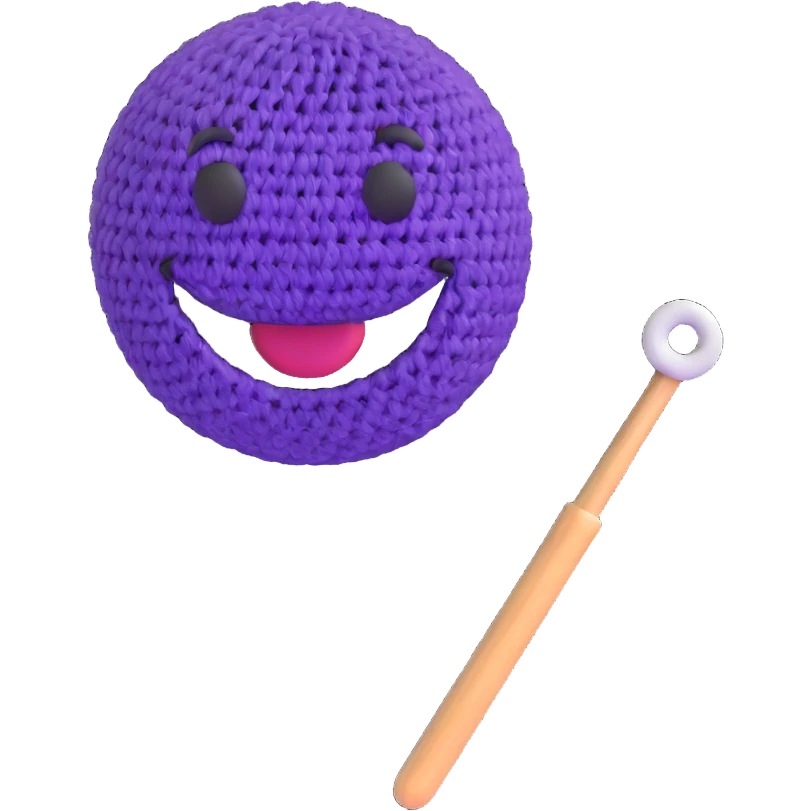 3D smiley emoji, round shape, grandmother with a crochet hook, purple color, smiling face emoji