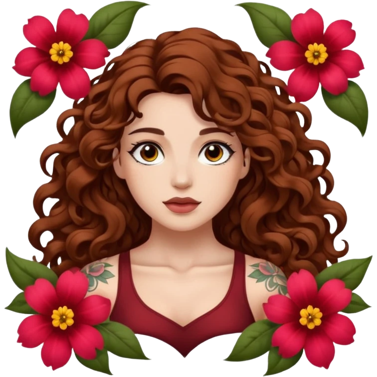 portrait woman long curly brown hair brown eyes white skin tattoos muscular build inside flower petals frame emoji