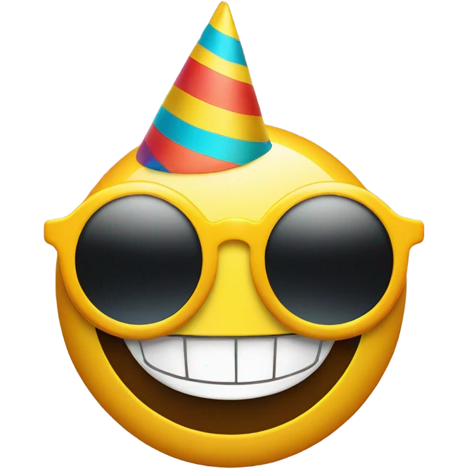 yellow, circle, smile, with party hat on, wearing colorful sunglasses emoji