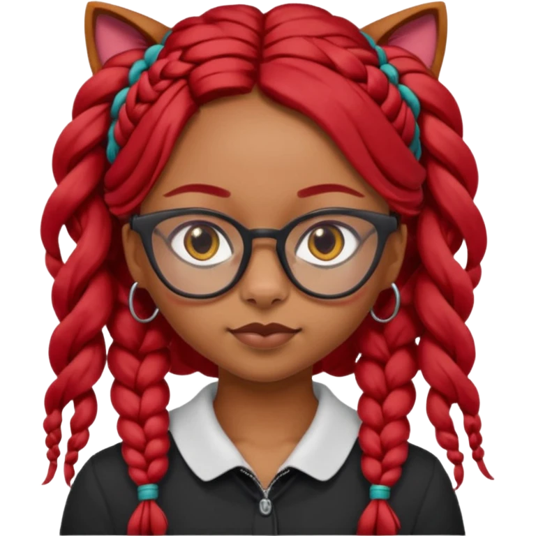 Dark Tan girl with long red plaits and red trimmed cat eye glasses head neck and shoulder shot only emoji
