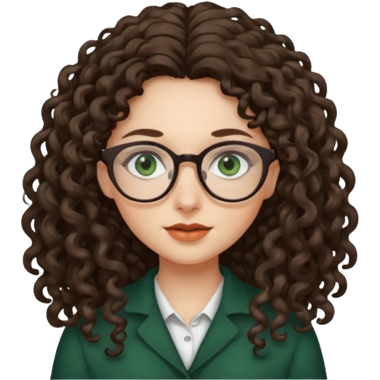 rapariga, olhos verdes escuros, cabelos compridos aos caracóis, com óculos emoji