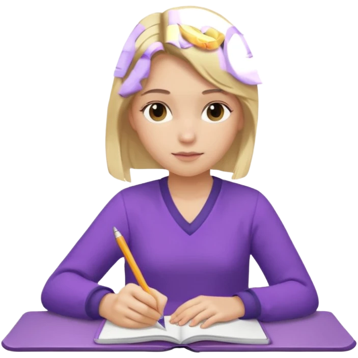 girl sitting, writing in a notebook, blond hair, dressed in purple clothes emoji
