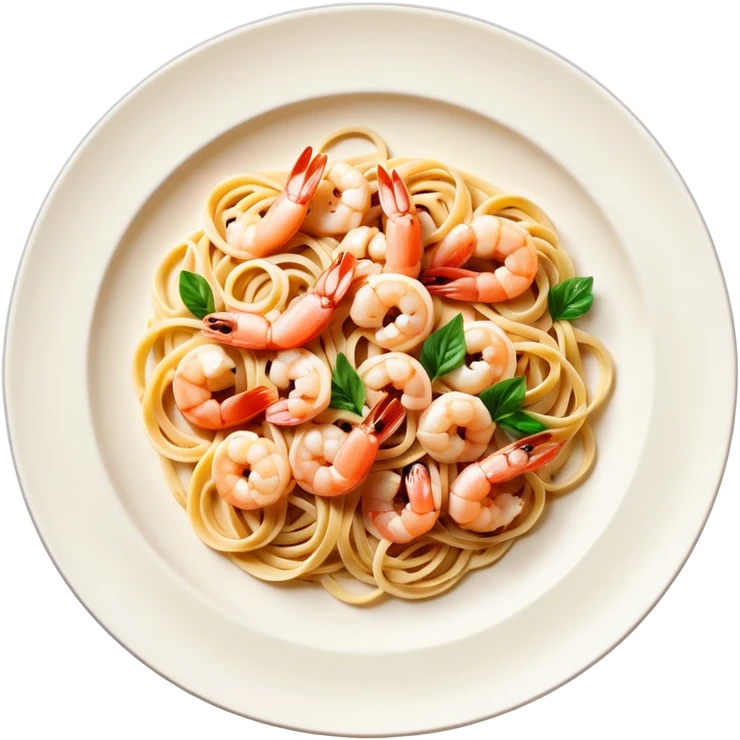 create a Whole Shrimp Linguini stylized thicker  with white plate Camera angle: slightly elevated top-down view with a gentle bird’s-eye perspective (about 15–20°), identical perspective and scaled do not add anything on plate


 emoji