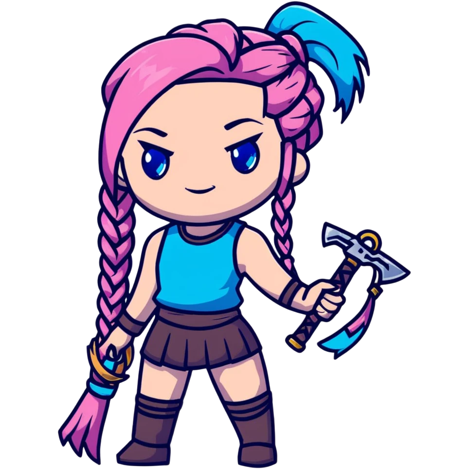 Jinx from League of Legends with long blue braids, pink eyes, and weapons emoji