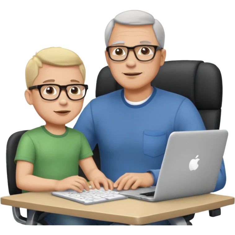 Middle aged man with glasses working at his desk, with his child sitting behind him on the headrest of his chair looking at his computer emoji