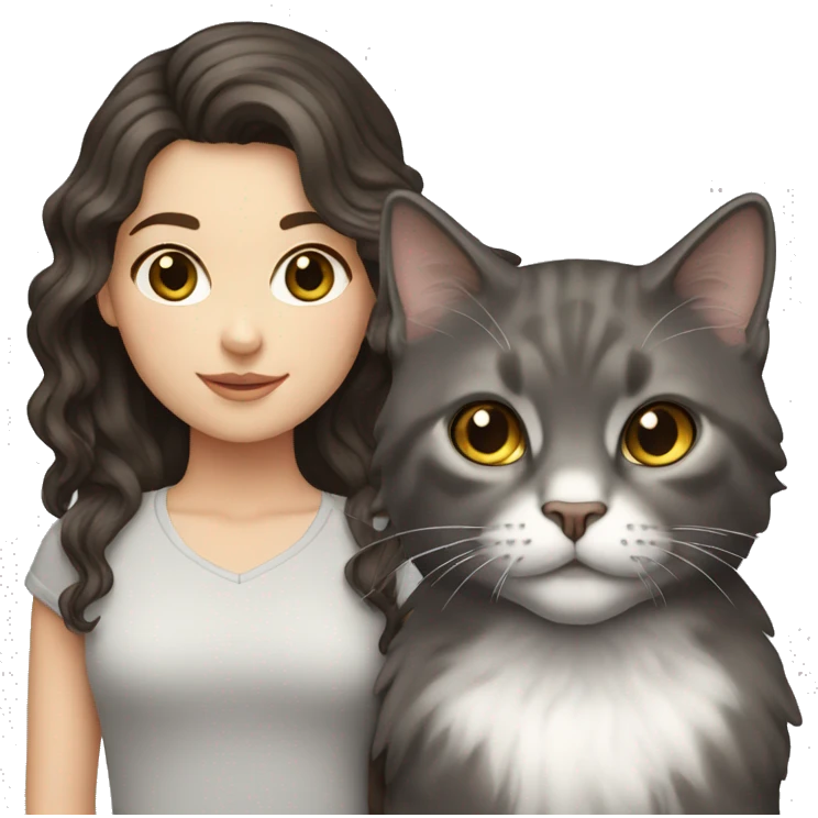 A White girl with wavy dark brown hair and a grey cat emoji
