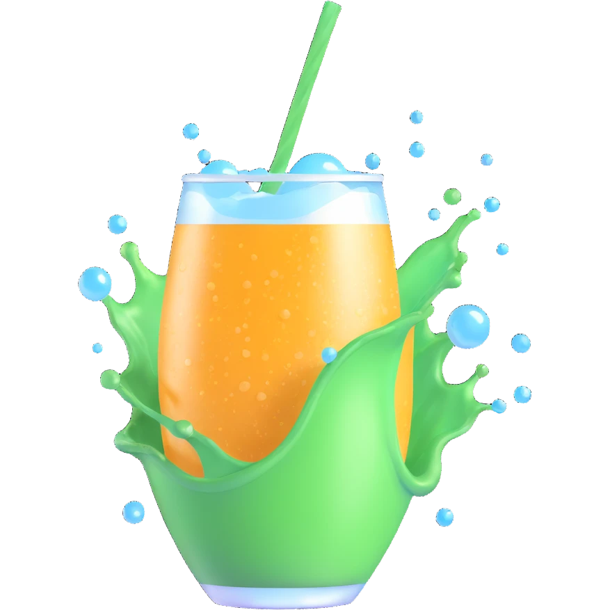 hyper-realistic 3D illustration of a soda splash, dynamic motion, with detailed droplets and fizz emoji