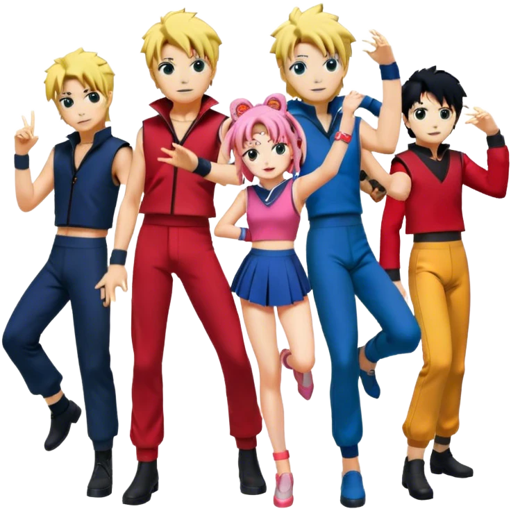 Icon for Anime Collage: Vibrant close-up collage Characters from Cowboy Bebop, Naruto, Bishoujo Senshi Sailor Moon and Kimetsu no Yaiba, each in their iconic poses and vibrant outfits, blended together with dynamic backgrounds. Transparent background. emoji