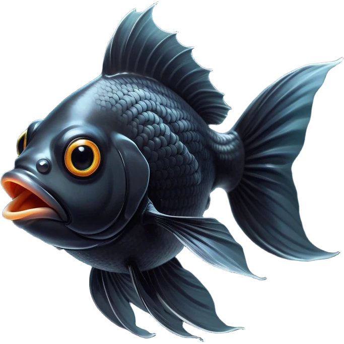 Cinematic Comical Black Goldfish Portrait Emoji, Head tilted dramatically with an exaggeratedly amused expression, featuring a striking, glossy deep black body with vibrant, fluttering fins, wide, expressive golden eyes filled with playful disbelief, Simplified yet hilariously expressive features, highly detailed, glowing with a slightly sassy glow, high shine, dramatic yet playful, stylized with an air of cheeky mischief, bright and endearing, soft glowing outline, capturing the essence of a spirited and over-the-top goldfish, so meme-worthy it feels like it could side-eye its way into internet fame instantly! emoji