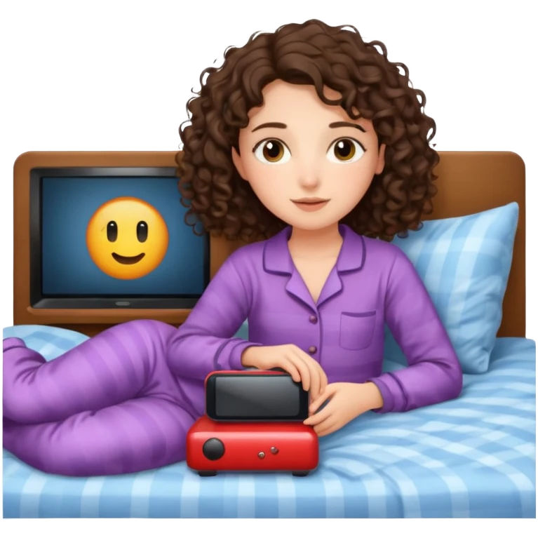 Draw a brunette girl with shoulder-length curly hair, lying on the bed watching TV.  emoji