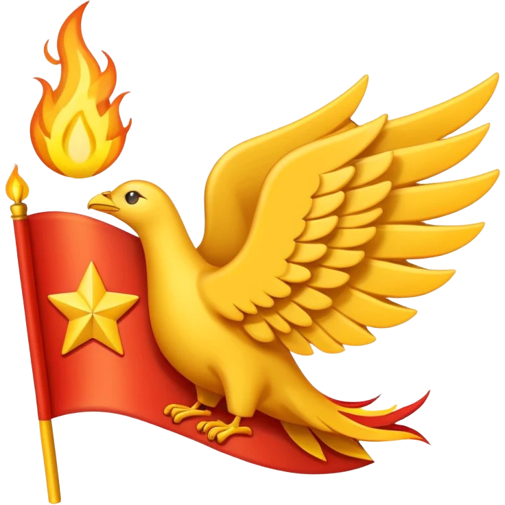 Apple-style emoji of a horizontal rectangle flag (2:1, not square) with a red background and a yellow winged emblem with a flame on top, segmented wings, and a tail ending in a small rectangle with four stars. Flat, simple, bold colors, no shading. emoji