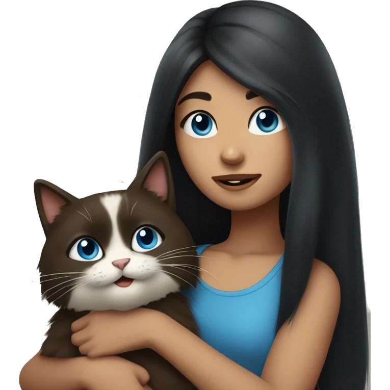 girl with long black hair holding a furry and cute blue eyed brown cat emoji