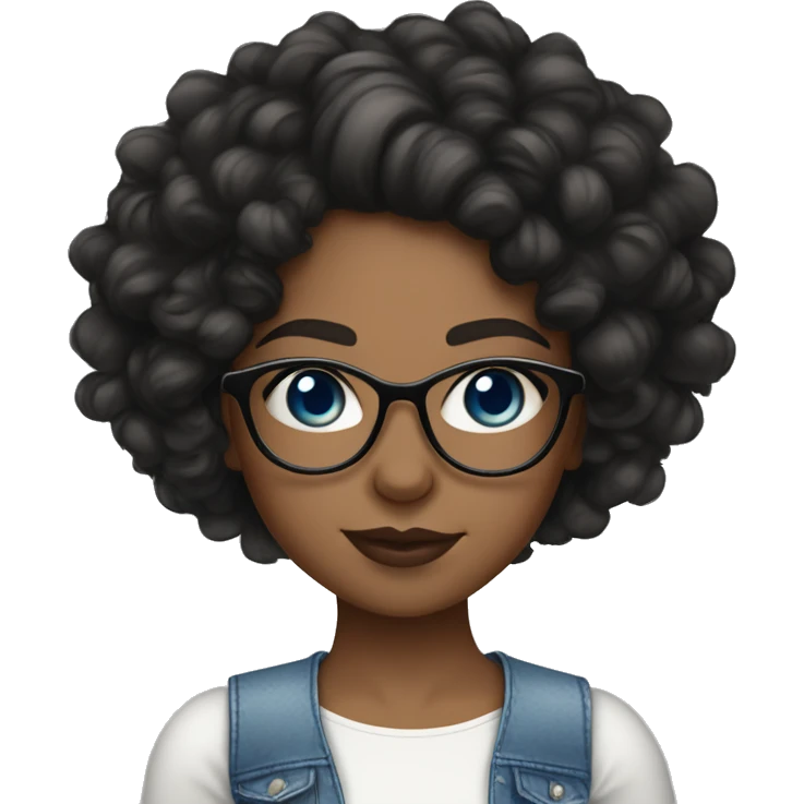 Black curly Hair girl with a white crop top on and blue eyes with natural lashes and glasses with lip gloss on her lips lightskin looking forward. emoji