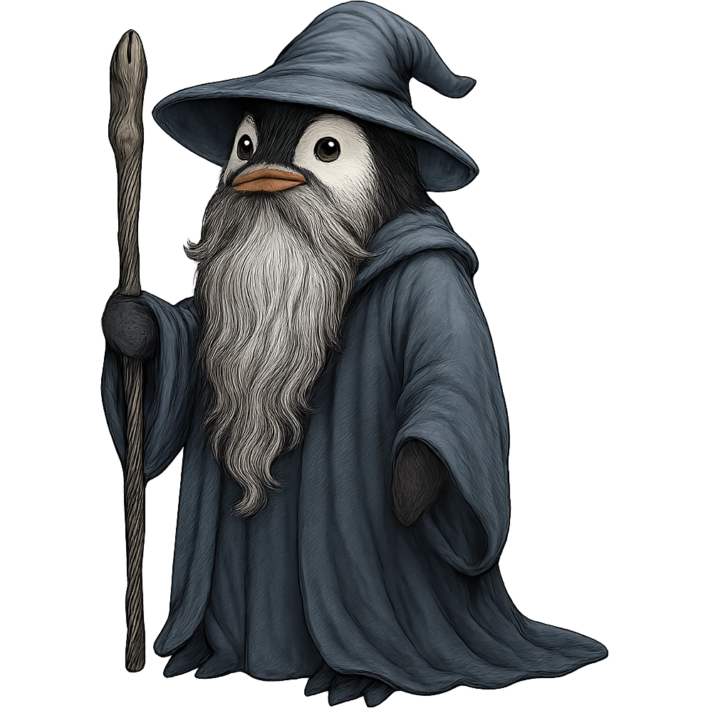penguin wizard with a long beard and robe emoji