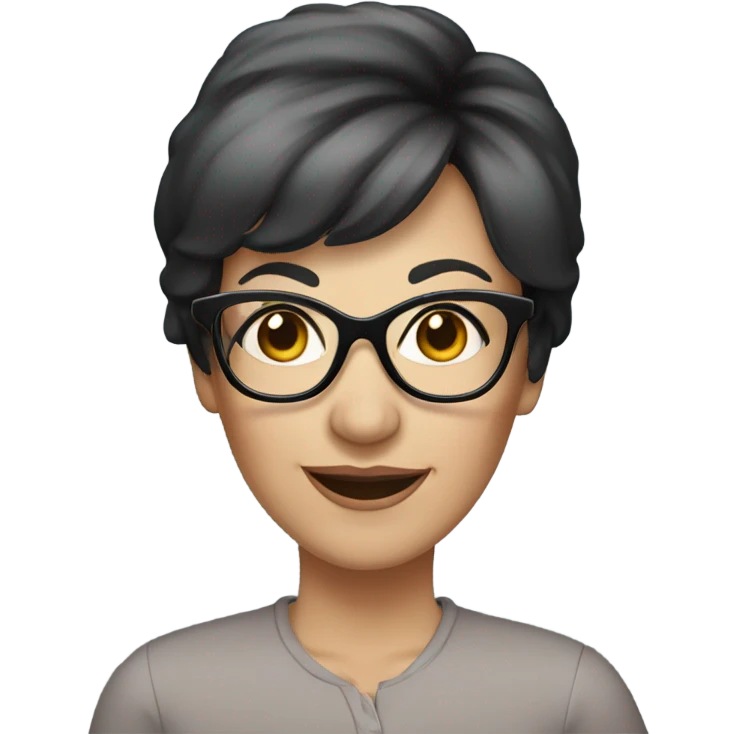 A woman in her 50s smiling with short black hair, kind of round face, black glasses, white but little tan, blue eyes emoji