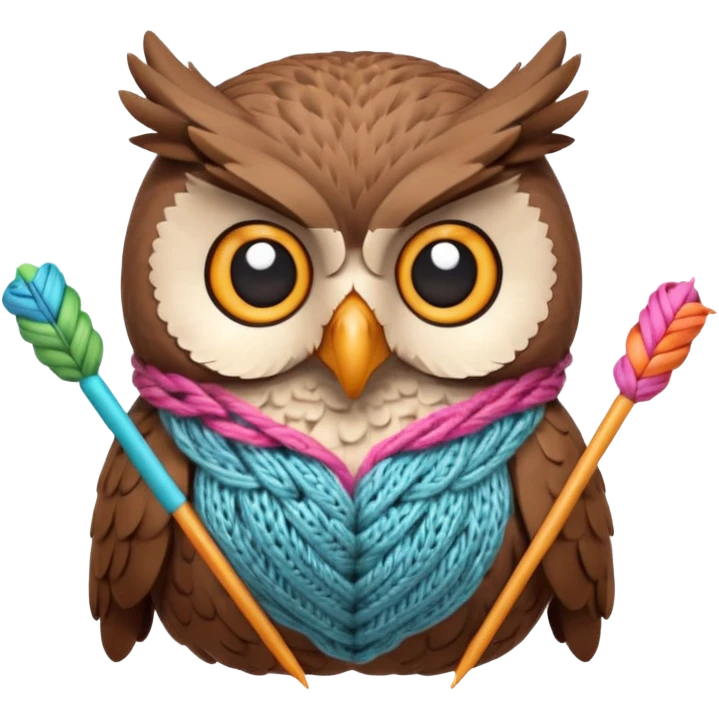 knitting owl portrait, head and shoulders only, cute owl holding knitting needles and yarn, cozy expression, warm handmade vibe, soft feathers, 3D cartoon style, mobile game icon style, clean background, no text, no watermark
 emoji