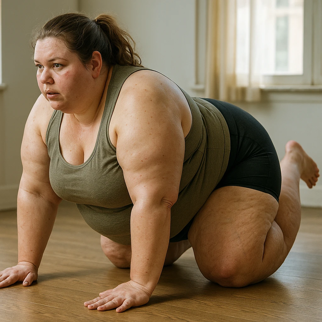 overweight woman doing bodyweight exercises, stubborn fat on legs and thighs, hyper realistic 4K style, anatomical details, natural light emoji