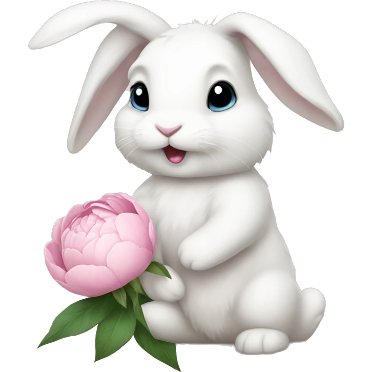 cute white bunny holding light pink peonies emoji