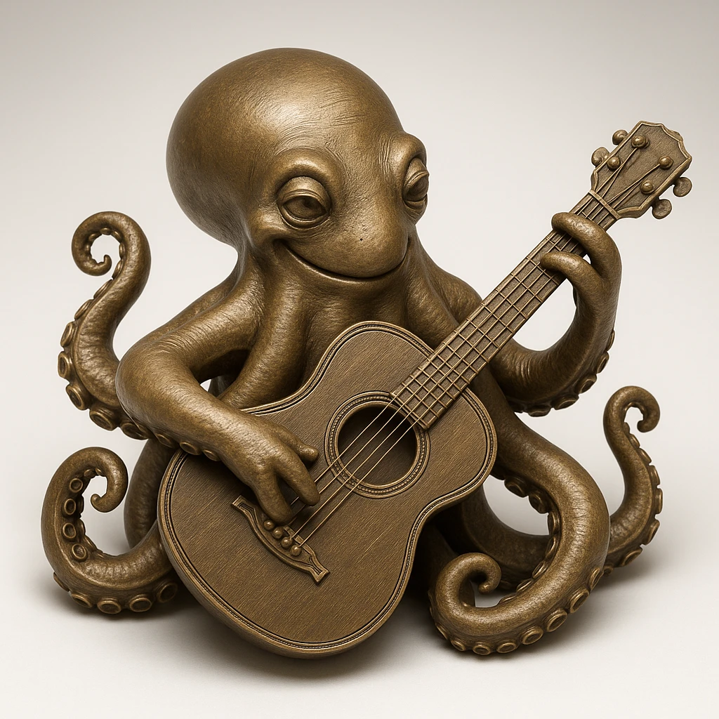happy octopus with multiple arms playing guitar emoji