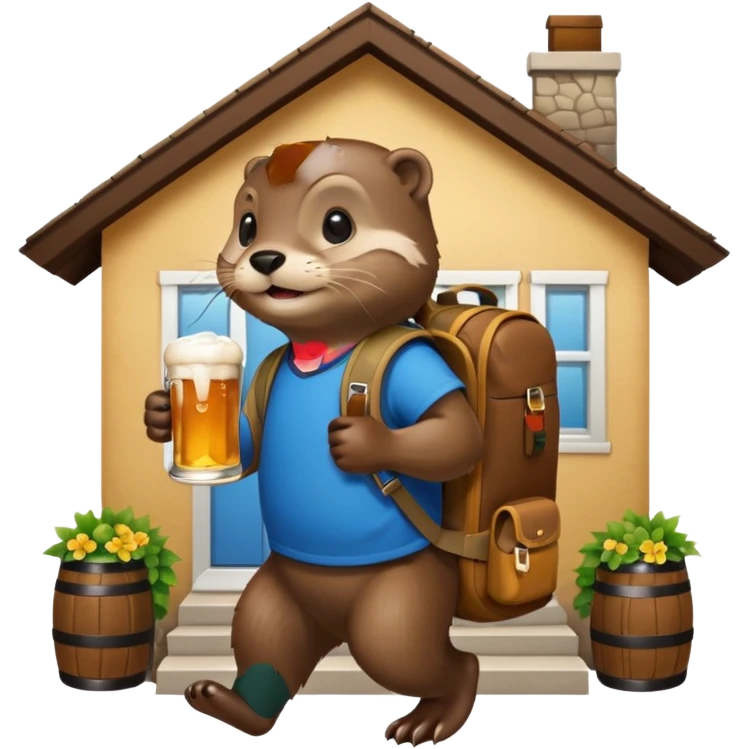 otter with a backpack holding a beer entering a house emoji