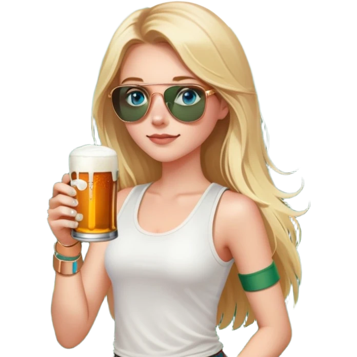 girl with long blond hair
with blue eyes
and aviator sunglasses
wearing white tank top 
holding a can of beer
wearing (rose gold apple watch with forest green band) emoji