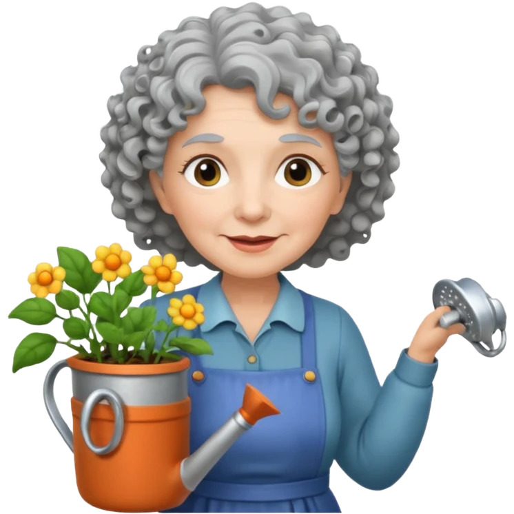 Older female florist – curly hair, hold garden watering pot emoji