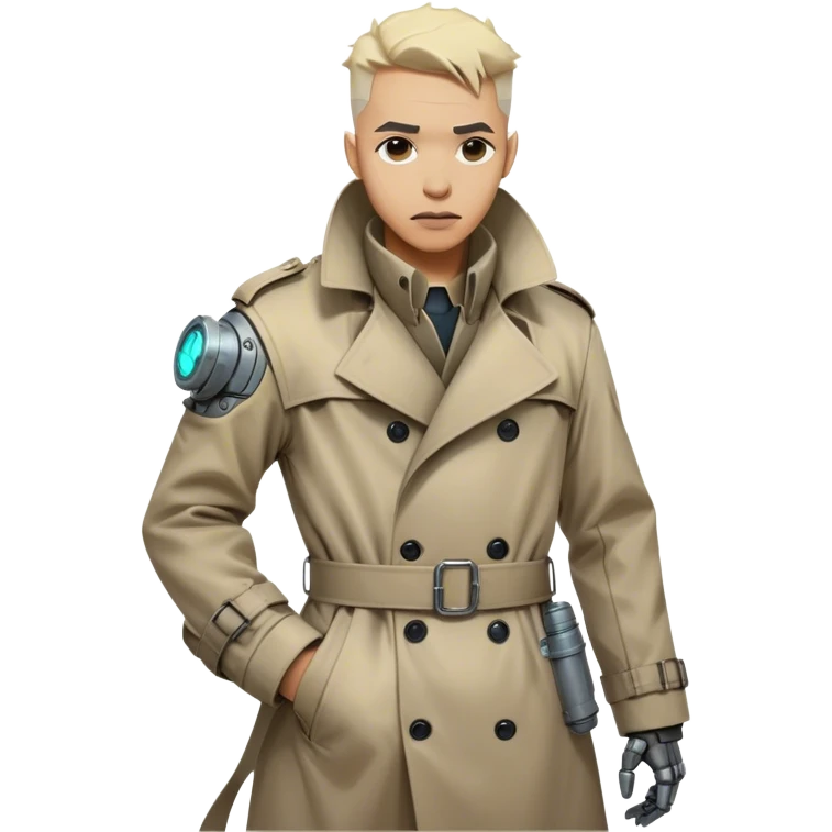 cartoonish, rough, and battle-worn cyber-steampunk Dr. Numen Oppen is seen with his side view mug shot of hi rugged trench coat, exposed mechanical joints, and worn cybernetic enhancements capture the fusion of steampunk and cyberpunk aesthetics. emoji