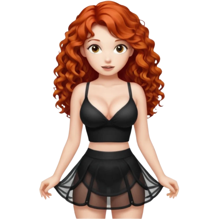 Naked red haired girl with long curly hair and very large big boobs and cleavage.  Thin waist and wide sexy hips. She is completely naked and wearing a see-thru black mesh very short mini-skirt emoji