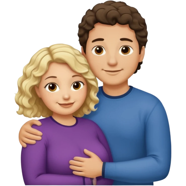 flirty couple hugging. The man short dark brown hair. The woman is chubby and has shoulder-length blond curls emoji