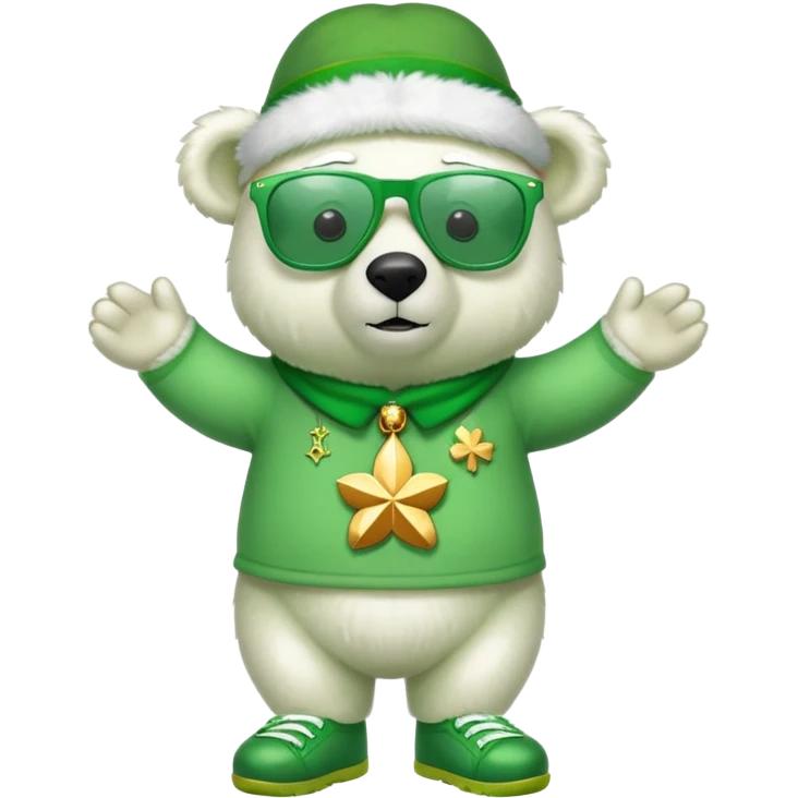 full body friendly anthropomorphised polar bear wearing oversized colorful star glasses, green hat, shamrock accessories, festive green shirt, green shoes, St. Patrick's Day emoji